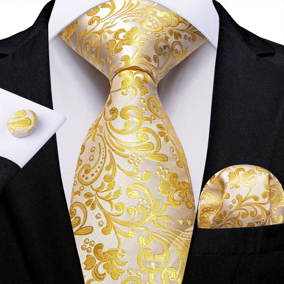 Blue and yellow striped woven tie set for men including cufflinks and matching hanky, ideal for business or gift.