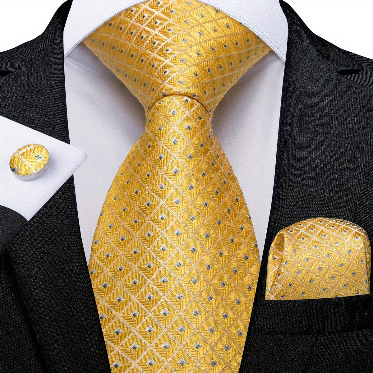 Blue and yellow striped woven tie set for men with matching hanky and cufflinks, perfect for business or gift occasions.