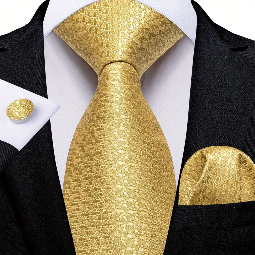 Blue and yellow striped woven tie set for men with matching hanky and cufflinks, perfect for business or formal occasions.
