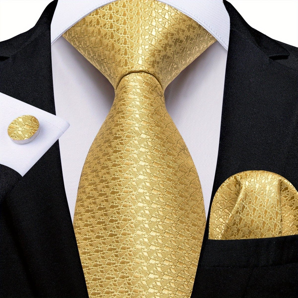 Blue and yellow striped woven tie set for men with matching hanky and cufflinks, perfect for business or formal occasions.