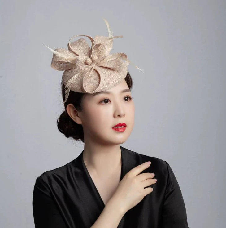 Vintage linen topper hat by Showlu Fashion Store featuring elegant floral design, ideal for wedding headwear and bridal accessories.