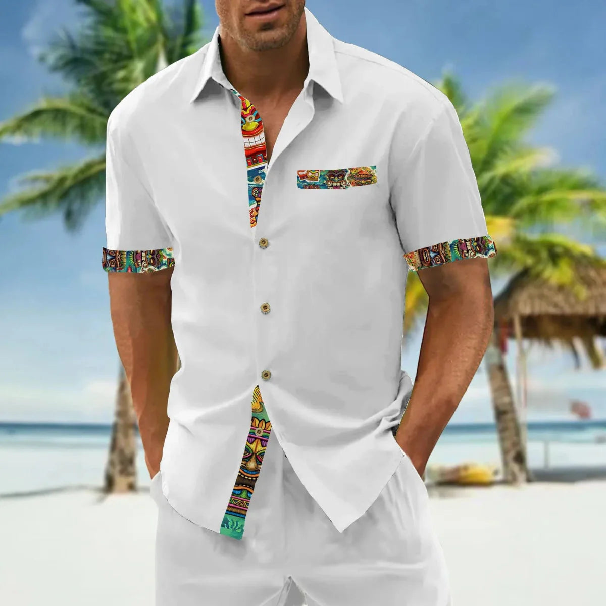 Showlu Fashion men's oversized casual shirt with loose short sleeves, relaxed fit, and classic style for everyday wear.