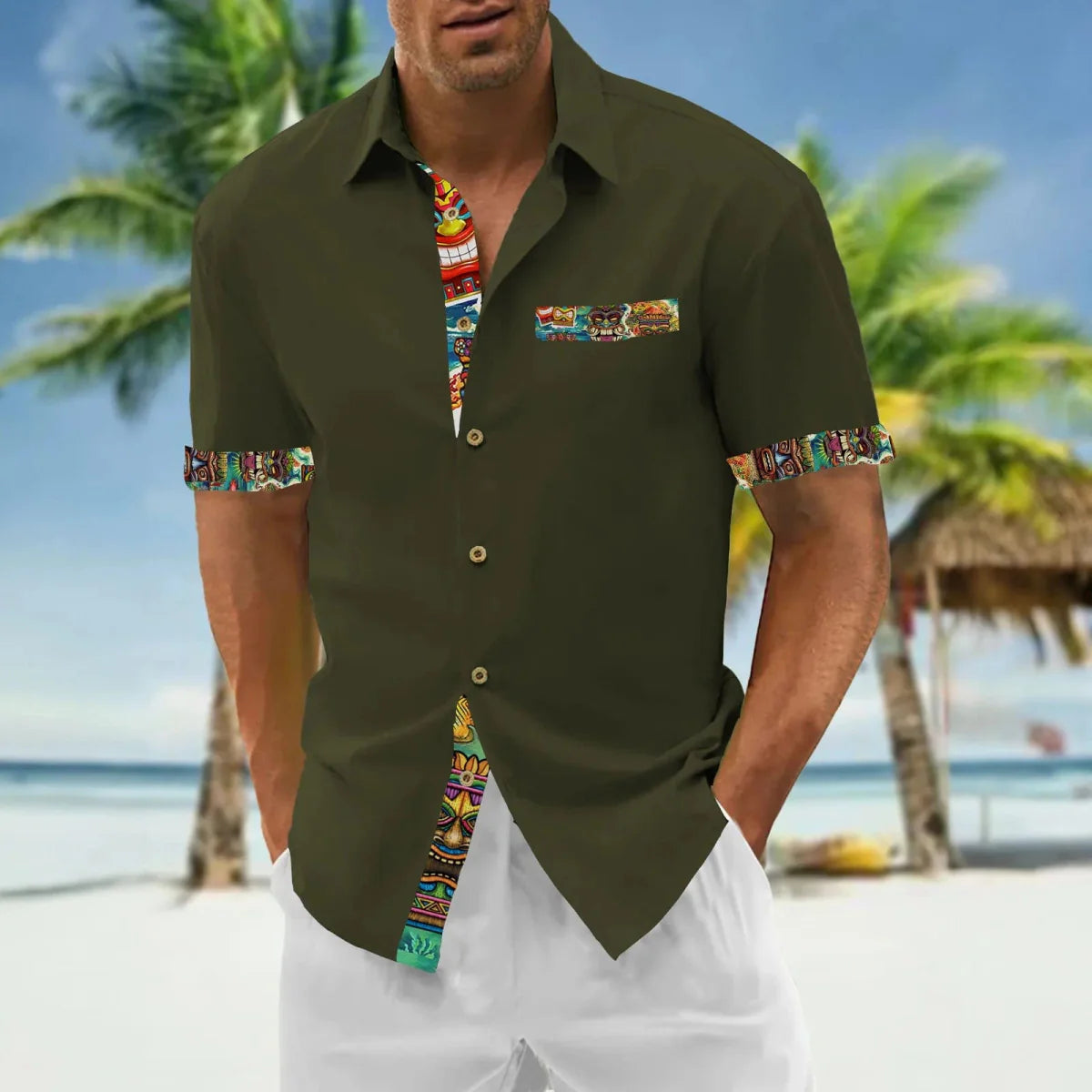 Showlu Fashion men's oversized casual short sleeve shirt, loose fit, classic style, lightweight fabric, versatile for everyday wear.