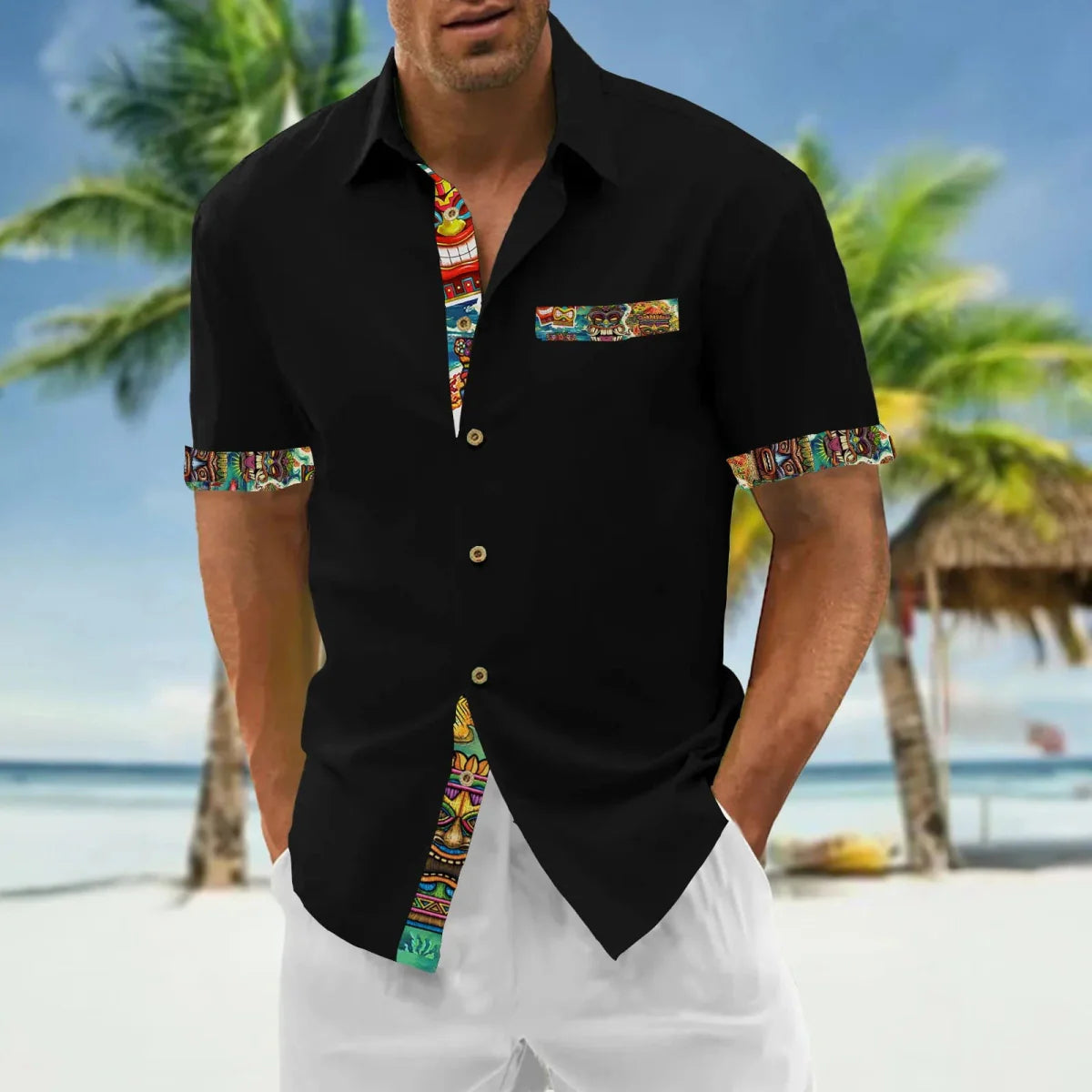 Showlu Fashion men's oversized casual short sleeve shirt, loose fit, classic design, suitable for relaxed everyday wear.