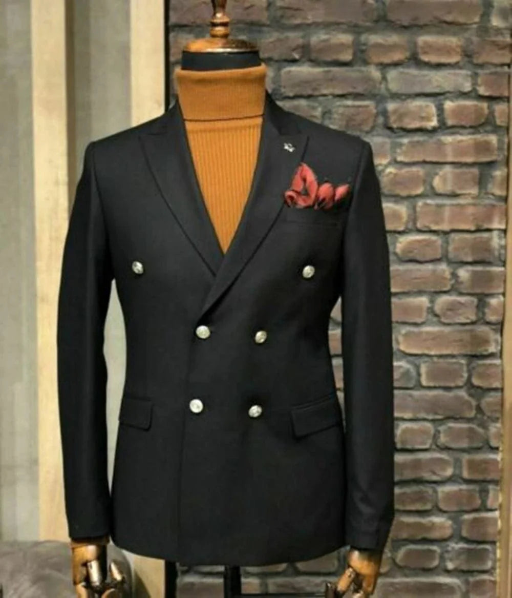 Showlu men's double-breasted cotton wool blazer with peak lapel, white and black elegant dinner jacket for formal occasions.