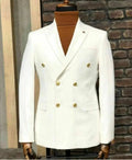 Showlu men's double-breasted cotton wool blazer with peak lapel, elegant white and black dinner jacket for formal occasions.