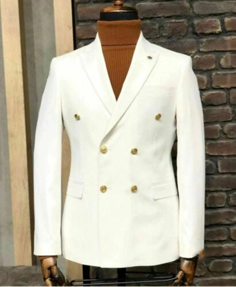 Showlu men's double-breasted cotton wool blazer with peak lapel, elegant white and black dinner jacket for formal occasions.