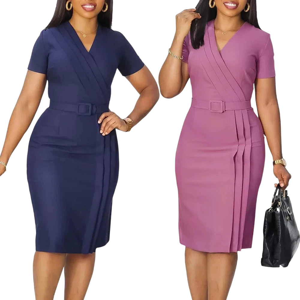 SHOWLU FASHION STORE JENYAGE women's V-neck bodycon dress with short sleeves, belt, and elegant silhouette for formal or church occasions.