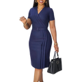 JENYAGE Women's V-Neck Bodycon Dress by SHOWLU FASHION STORE, elegant short sleeve belted church dress with wrap V-neck design.