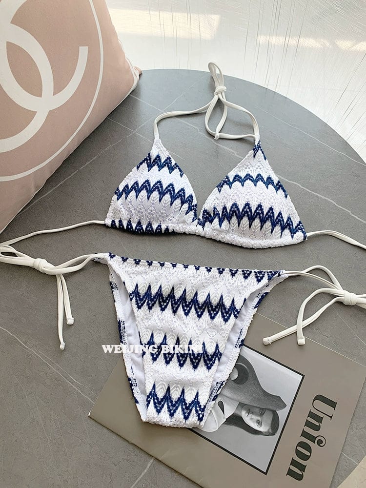 Striped lace three-piece bikini set by Showlu Fashion, featuring sexy triangle cups for spring and seaside vacation swims.