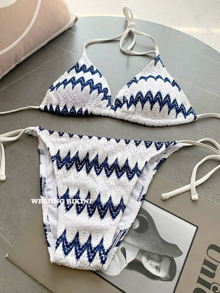 Striped lace three-piece bikini set with triangle cups, designed by Showlu Fashion, perfect for seaside and spring beach vacations.