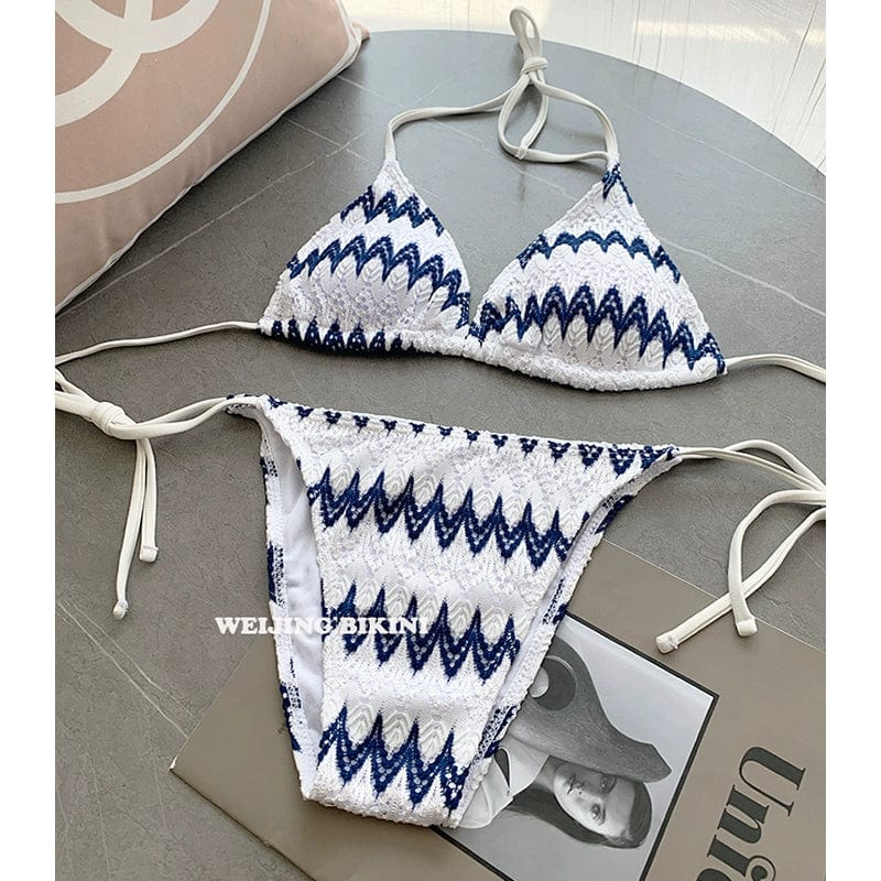 Striped lace three-piece bikini set with triangle cups, featuring a sexy, stylish design perfect for spring and seaside vacations.