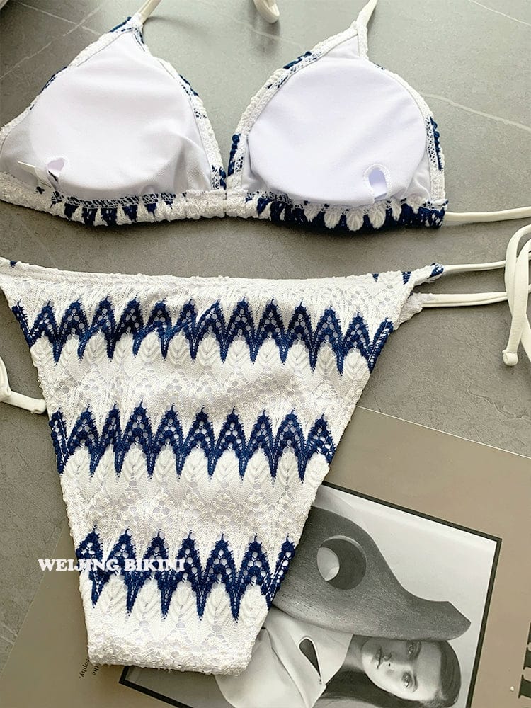 Striped lace three-piece bikini set with triangle cups, featuring a sexy, stylish design perfect for spring and seaside vacations.