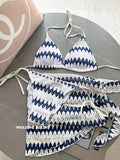 Striped lace three-piece bikini set with triangle cups, showing a sexy, stylish swimwear design perfect for spring and seaside vacations.