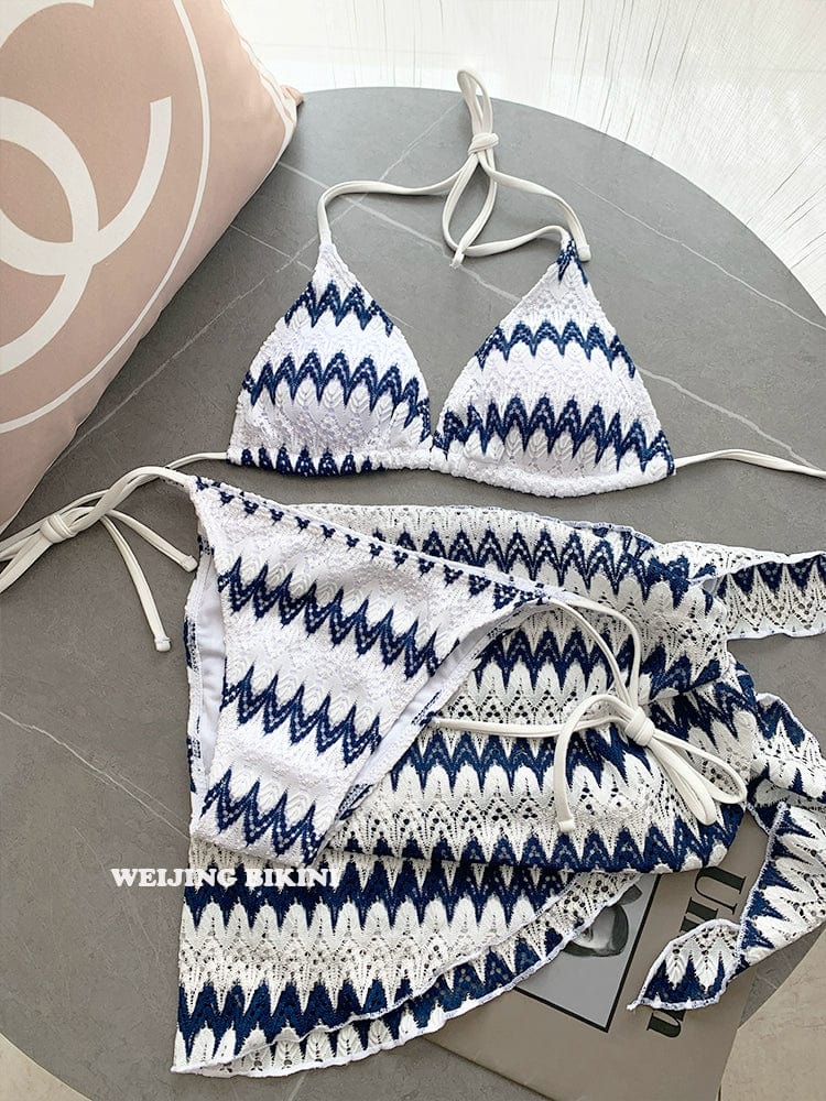 Striped lace three-piece bikini set with triangle cups, showing a sexy, stylish swimwear design perfect for spring and seaside vacations.