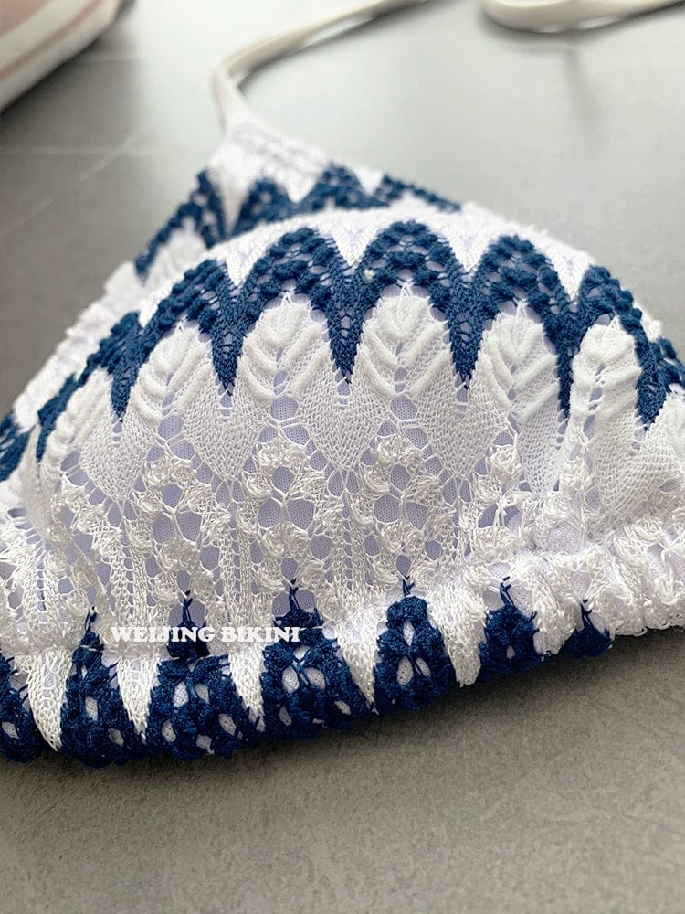 Classy Striped Bikini Lace Fabric Three - Piece Set Sexy Hot Spring Seaside Vacation Triangle Cup Sexy Swimsuit - SHOWLU FASHION STORE