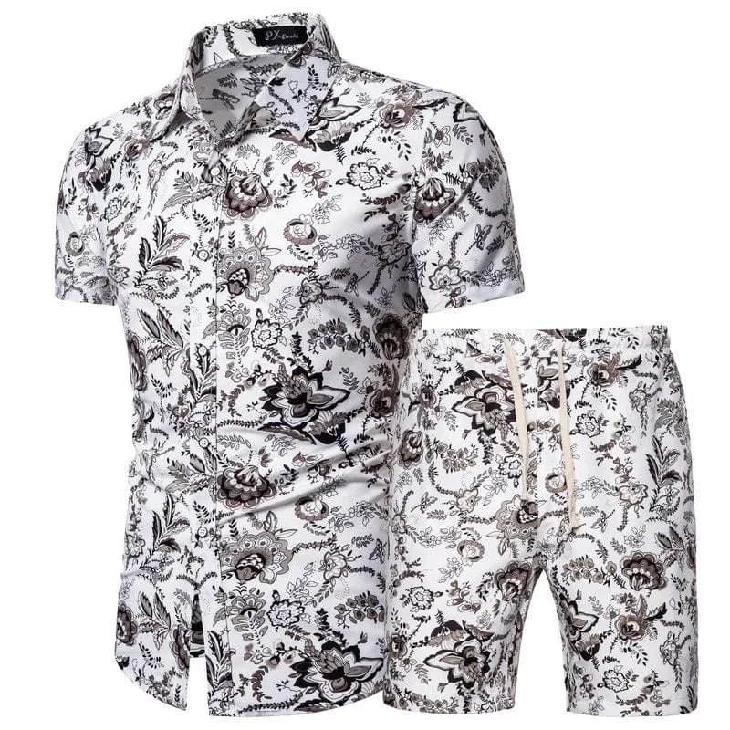 Showlu men's summer beachwear 2-piece set with printed shirt and matching shorts, perfect for beach and casual summer outings.