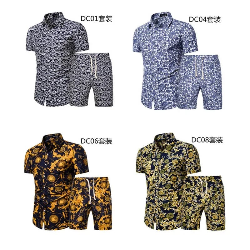 Showlu men's summer beachwear 2-piece set with printed shirt and matching shorts, perfect for casual beach outings.