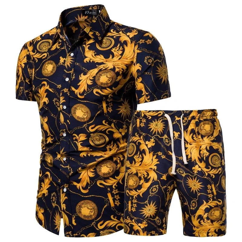 Showlu men's summer beachwear 2-piece set with a printed shirt and matching shorts, perfect for casual beach outings.