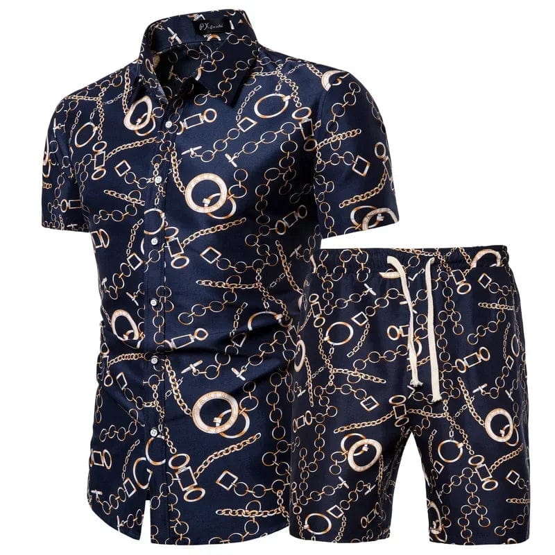 Showlu men's summer beachwear 2-piece set with printed shirt and matching shorts, perfect for beach and casual summer wear.