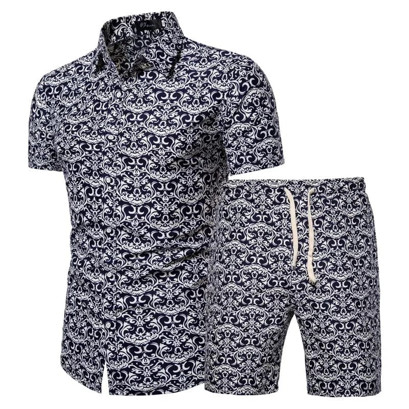 Showlu men's summer beachwear 2-piece set with printed shirt and shorts, perfect for casual seaside outings.