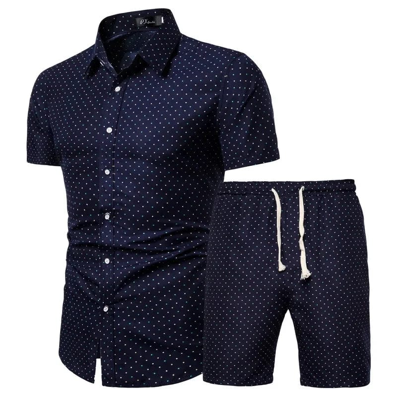 Showlu men's summer beachwear 2-piece set with printed shirt and matching shorts, perfect for casual beach outings.