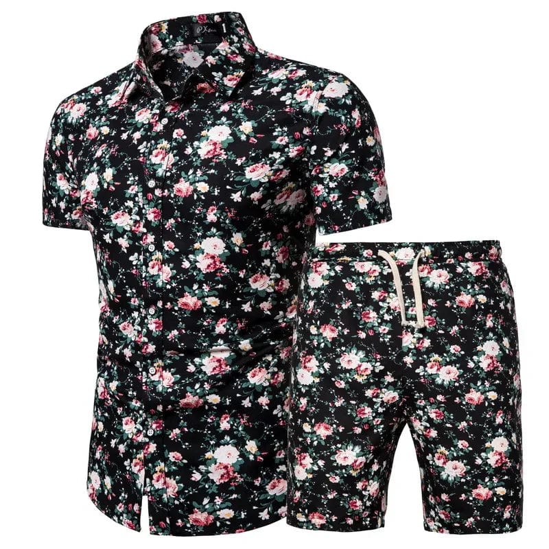 Showlu men's summer beachwear 2-piece set with a printed shirt and matching shorts, perfect for beach or casual summer days.