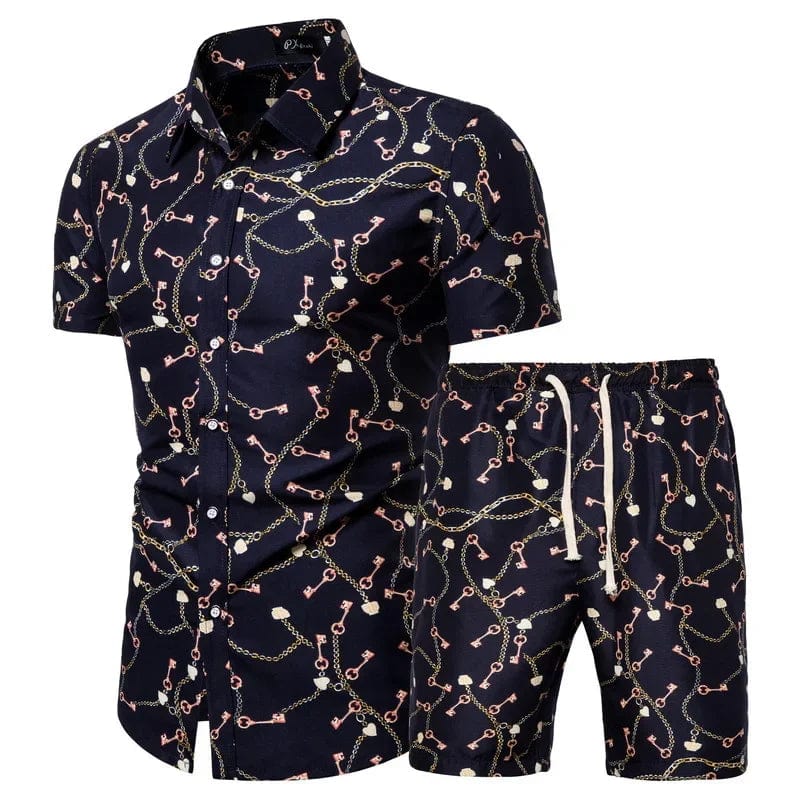 Showlu men's summer beachwear 2-piece set with printed shirt and shorts, perfect for casual beach outings and warm weather.