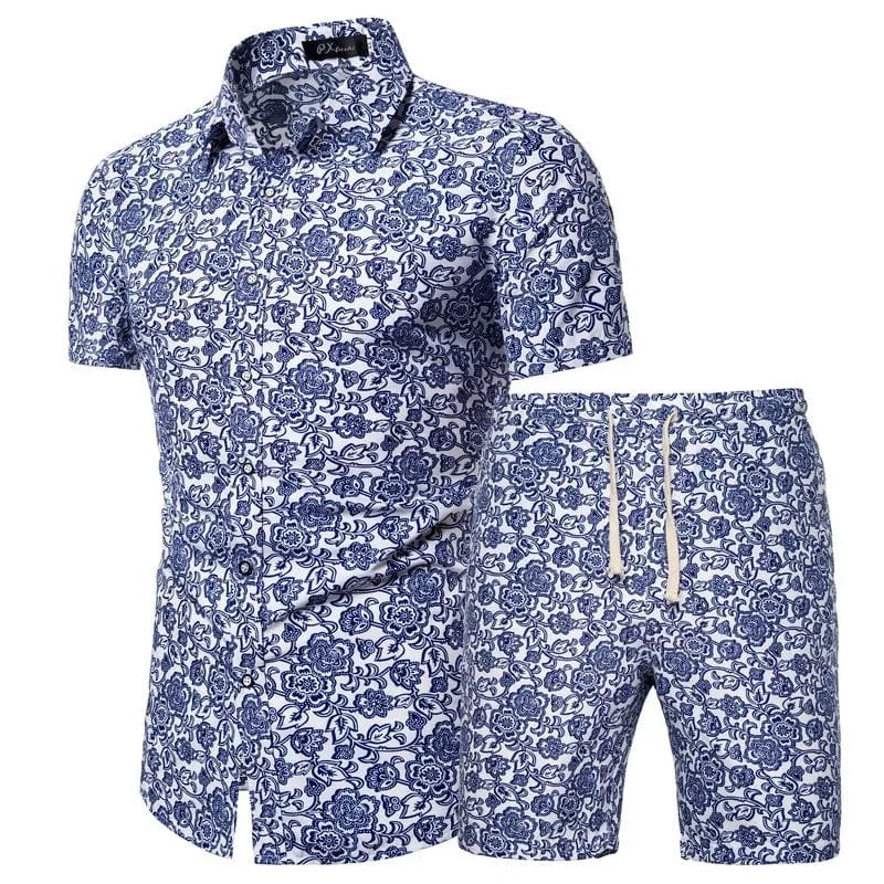 Showlu men's summer beachwear 2-piece set with printed shirt and shorts, perfect for casual beach outings and warm weather.
