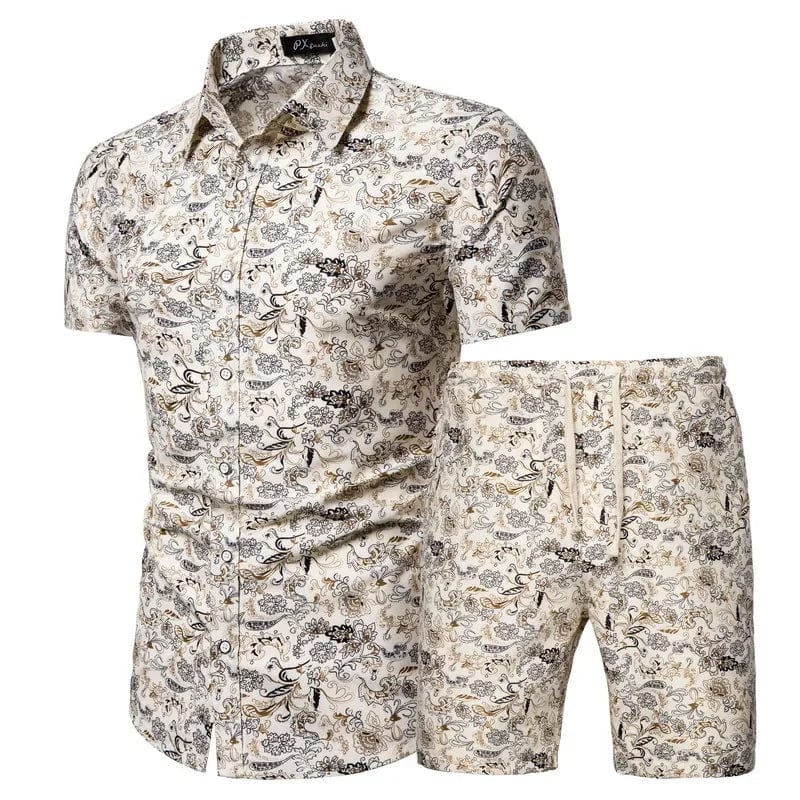 Showlu men's summer beachwear 2-piece set with a printed shirt and matching shorts, perfect for beach or casual summer outings.
