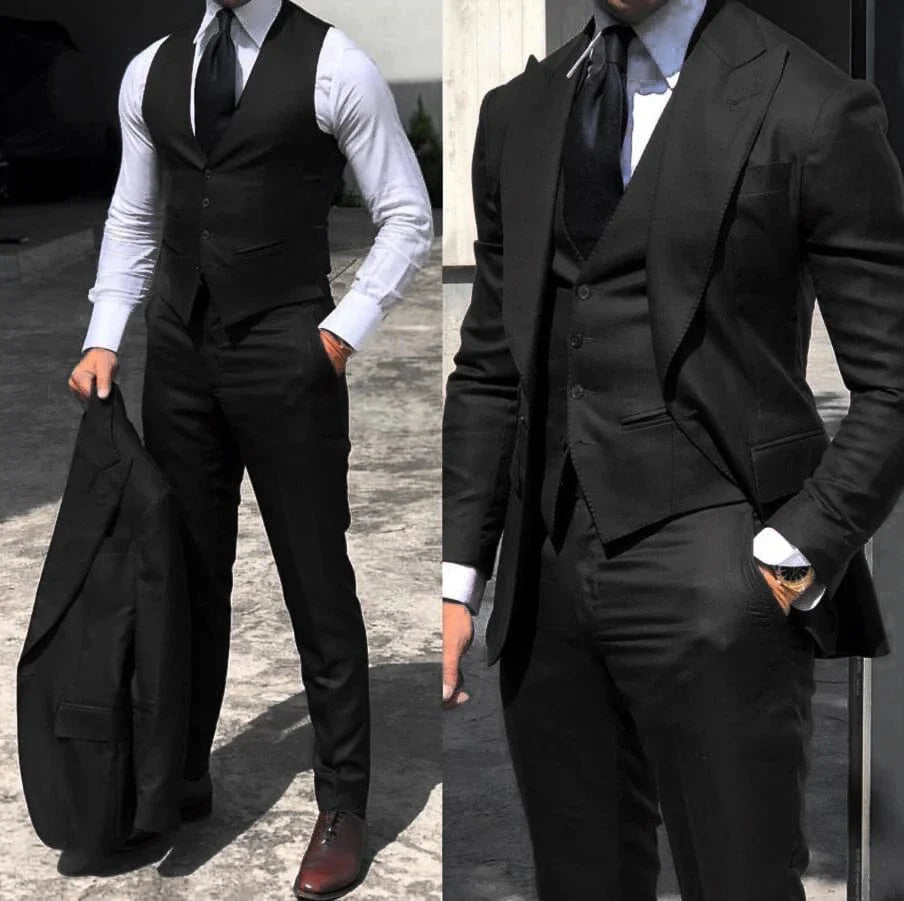 Showlu men's slim fit 3-piece wedding tuxedo suit with wool blend fabric, including jacket, vest, and pants, for formal occasions.