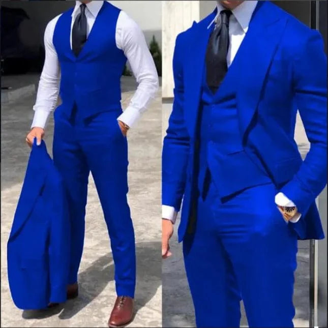 SHOWLU Men's slim fit 3-piece wedding tuxedo suit with wool blend fabric, including jacket, vest, and pants, ideal for formal occasions.