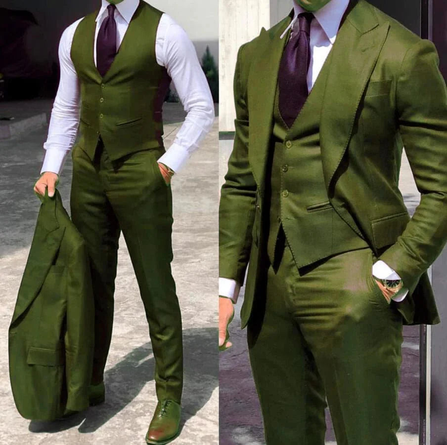 SHOWLU Men's slim fit 3-piece wedding tuxedo suit with wool blend fabric, including jacket, vest, and pants, for formal occasions