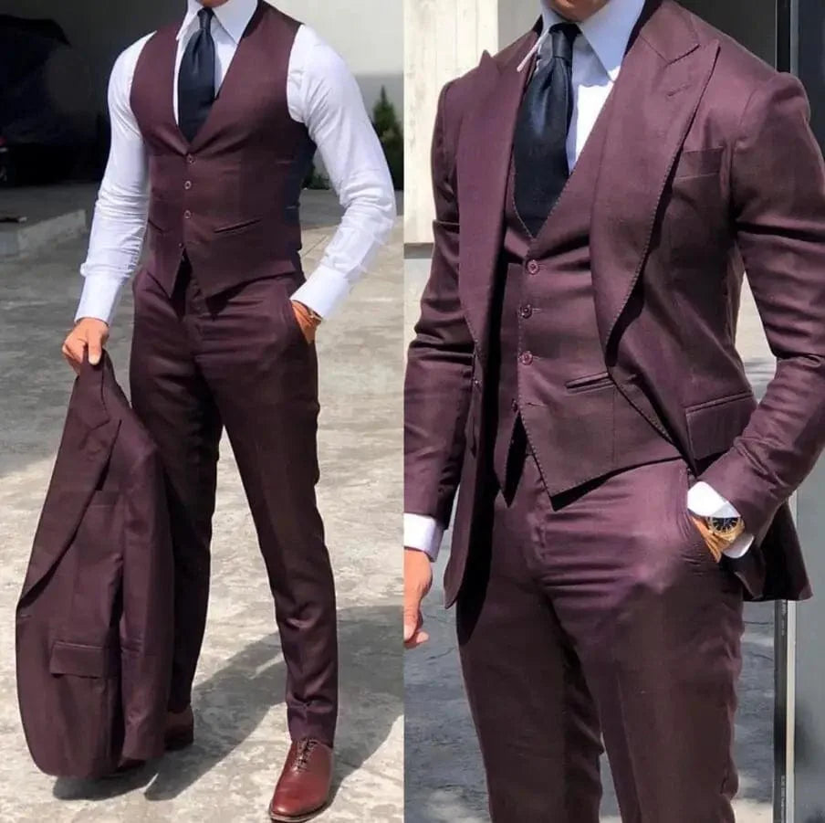 SHOWLU Men's slim fit 3-piece wedding tuxedo suit with wool blend, including jacket, vest, and pants for formal occasions.