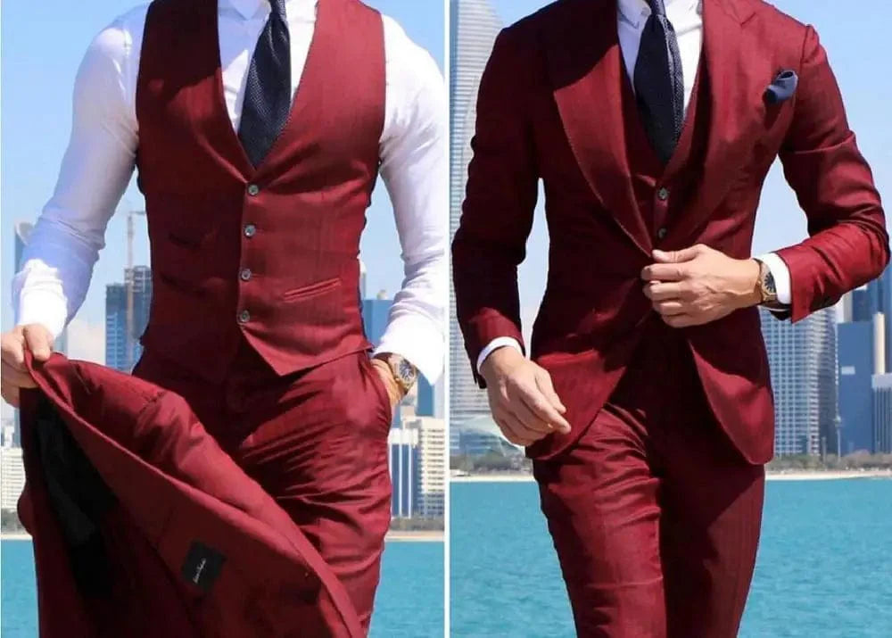 SHOWLU Men's slim fit 3-piece wedding tuxedo suit with wool blend fabric, including jacket, vest, and pants for formal occasions
