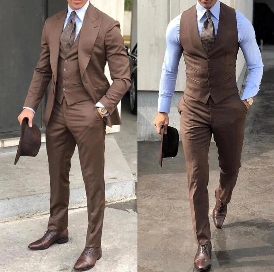 SHOWLU Men's slim fit 3-piece wedding tuxedo suit with wool blend fabric, featuring jacket, vest, and pants for formal occasions.