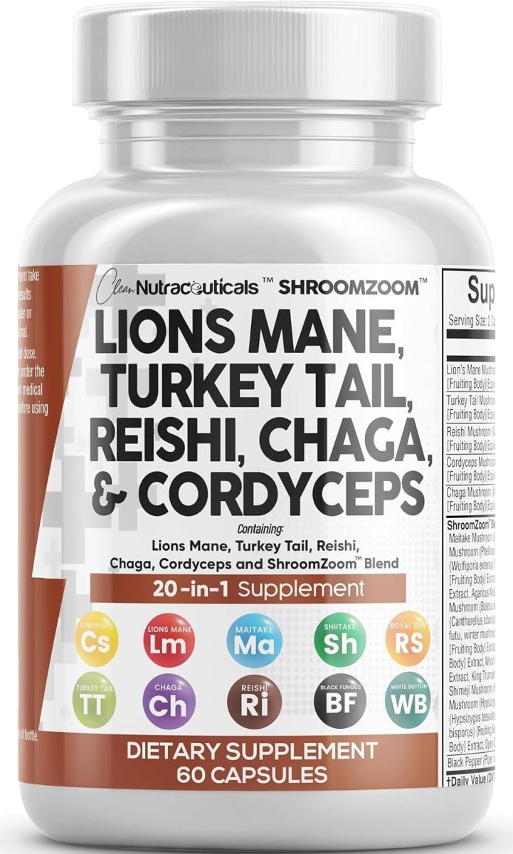 Clean Nutraceuticals 20-in-1 mushroom supplement featuring Lions Mane, Reishi, Turkey Tail, Cordyceps, Chaga, and Maitake mushrooms.