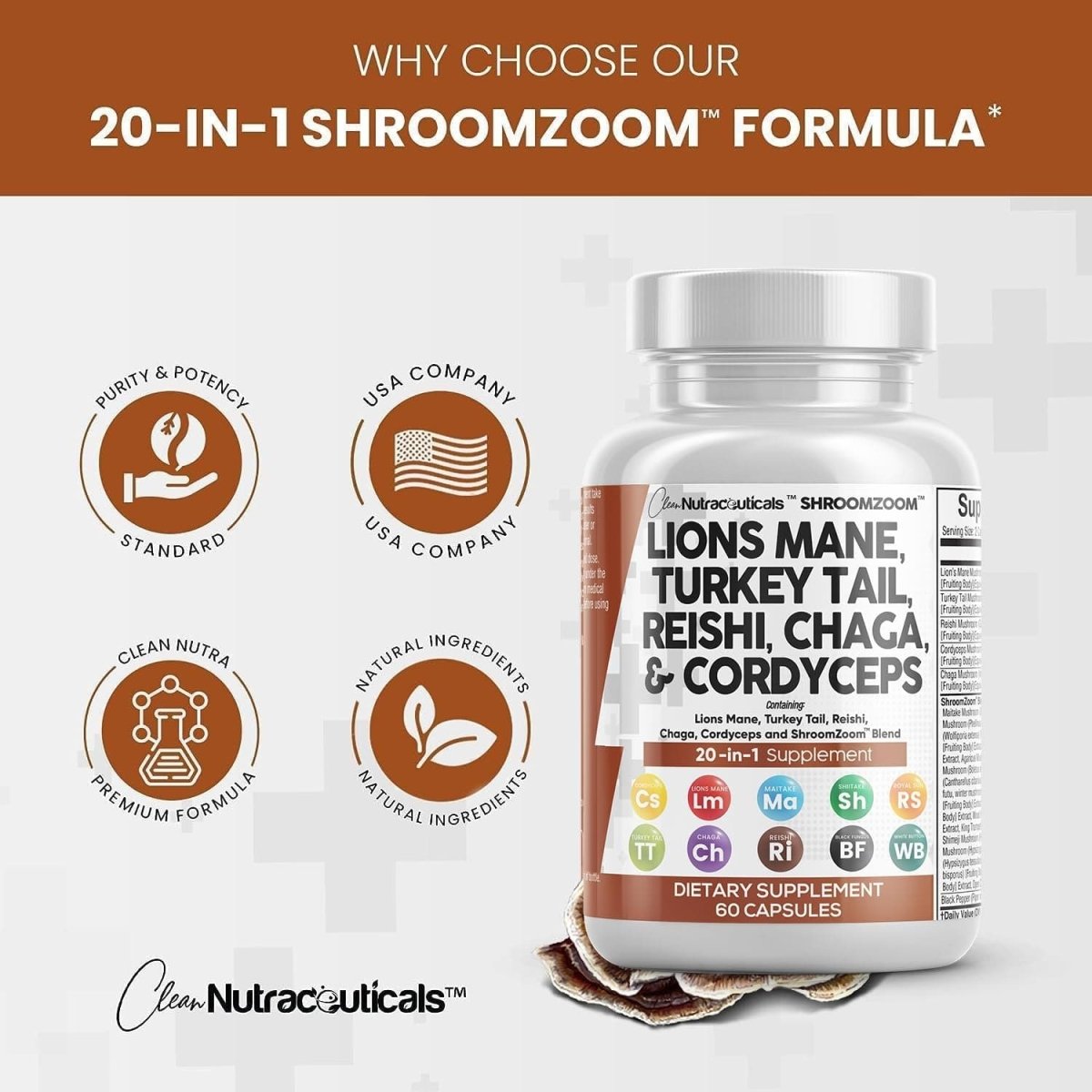Clean Nutraceuticals 20-in-1 Mushroom Supplement with Lions Mane, Reishi, Turkey Tail, Cordyceps, Chaga, Maitake, and Poria mushrooms.