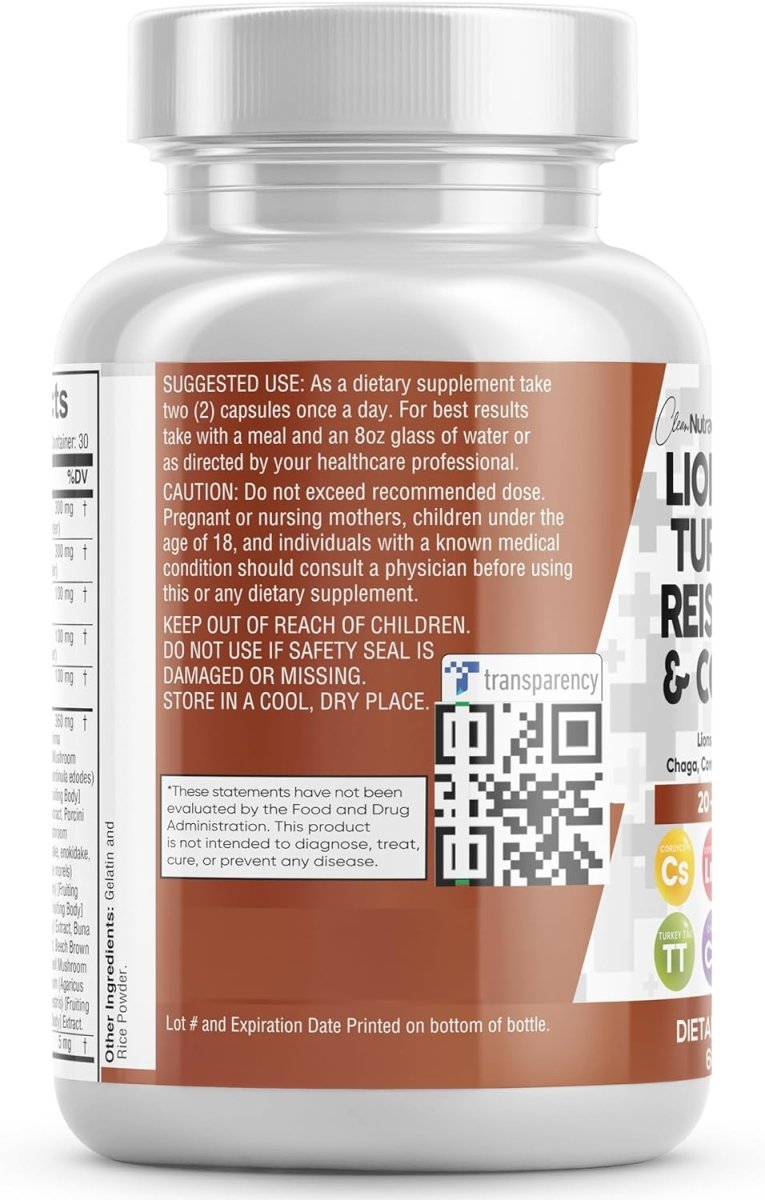 Clean Nutraceuticals Lions Mane and Reishi mushroom supplement bottle, showing 20-in-1 formula with various mushroom extracts.