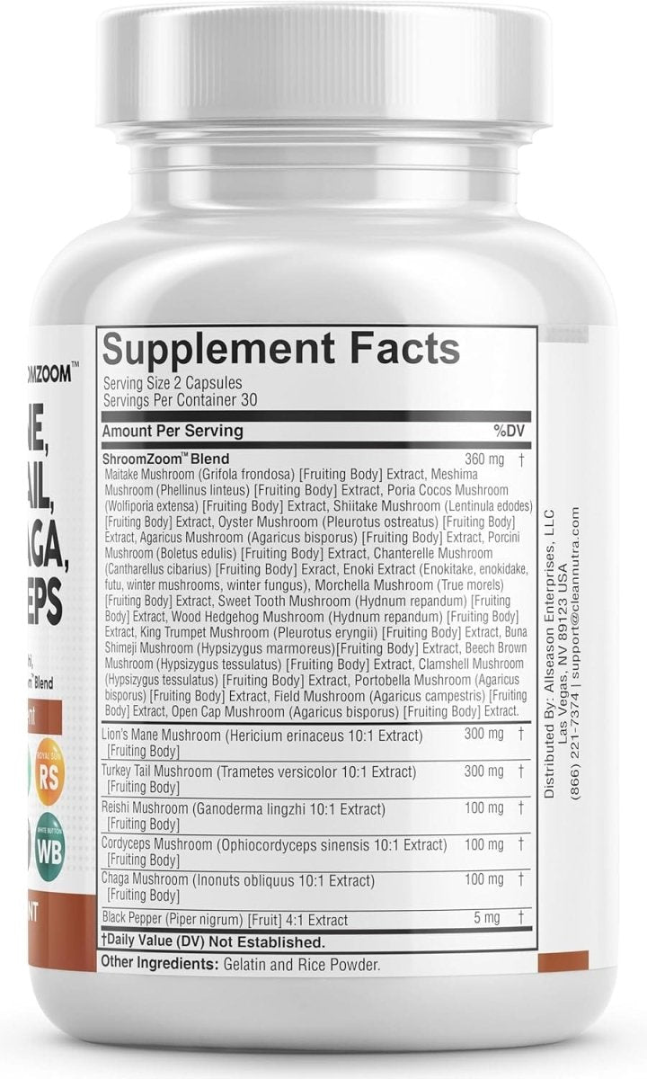 Clean Nutraceuticals 20-in-1 mushroom supplement bottle featuring Lions Mane, Reishi, Turkey Tail, and Cordyceps for immune support.