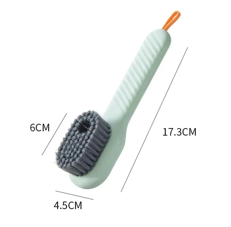 Showlu Soft Bristle Liquid Shoe Brush with long handle, ideal for cleaning shoes, clothes, and household surfaces.