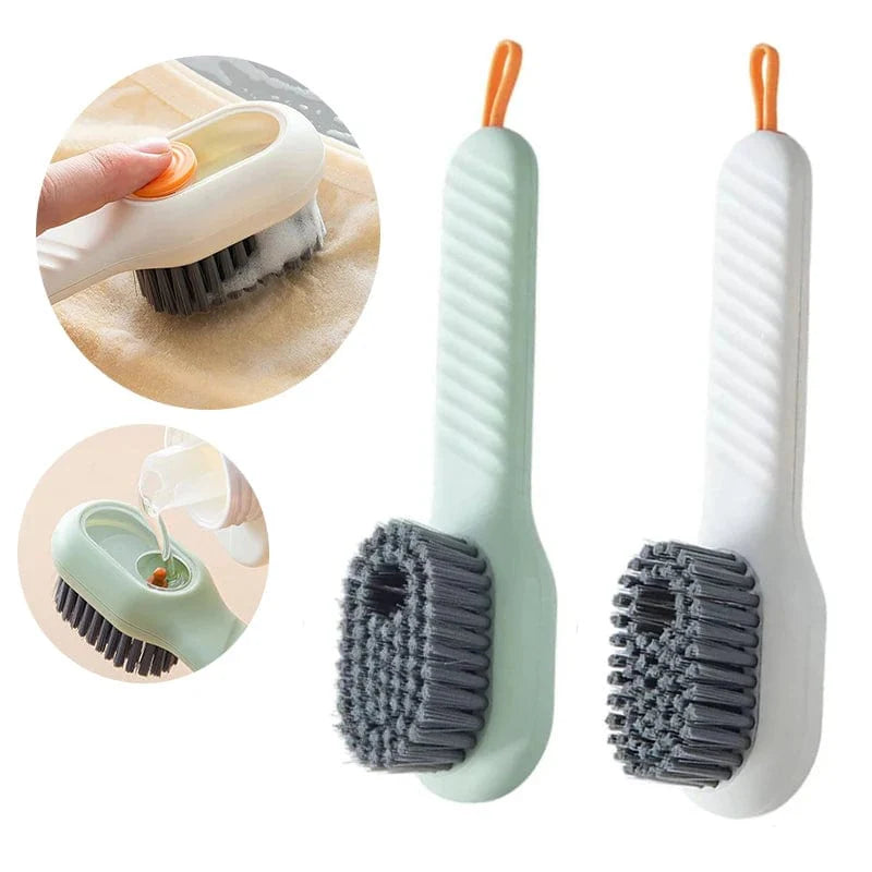 Showlu Soft Bristle Liquid Shoe Brush with long handle for cleaning shoes, clothes, and household surfaces.