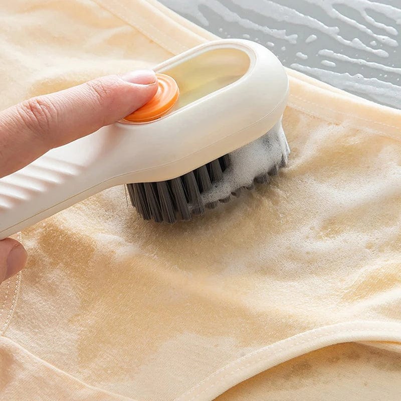 Showlu Soft Bristle Liquid Shoe Brush with long handle, ideal for cleaning shoes, clothes, and household surfaces.