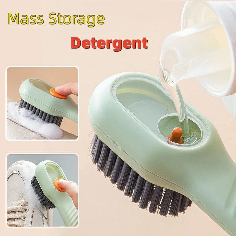 Showlu Soft Bristle Liquid Shoe Brush with long handle for cleaning shoes, clothes, and household surfaces.