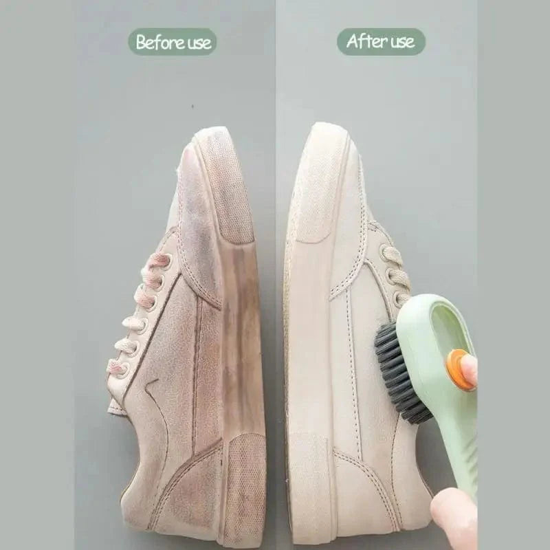 Showlu Soft Bristle Liquid Shoe Brush with long handle, ideal for cleaning shoes, clothes, and household surfaces.