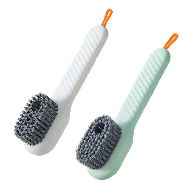 Showlu Soft Bristle Liquid Shoe Brush with long handle for cleaning shoes, clothing, and household surfaces.