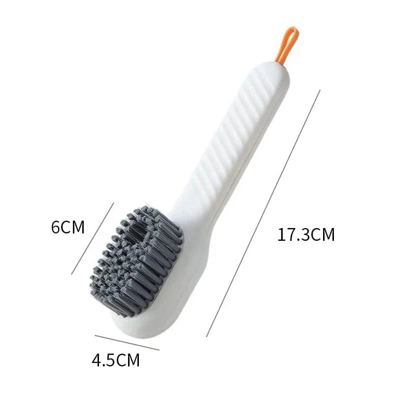 Showlu Soft Bristle Liquid Shoe Brush with long handle for cleaning shoes, clothes, and household surfaces.