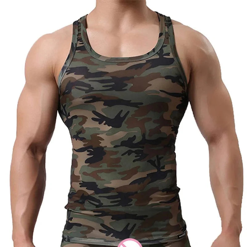 Clever-MENMODE men's camouflage quick dry tank top, sleeveless gym fitness vest with elastic fabric for bodybuilding and active wear.