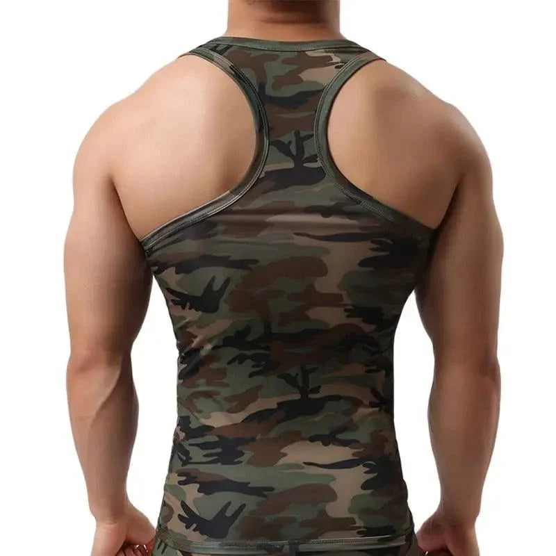 Clever-MenMode men's camouflage quick-dry gym tank top, sleeveless fitness vest with elastic fabric for bodybuilding and workout.