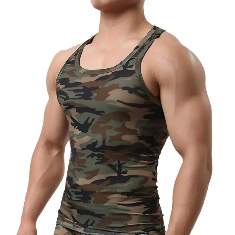 Clever-MenMode men's camouflage quick dry tank top, sleeveless fitness vest with elastic fabric for gym and bodybuilding.